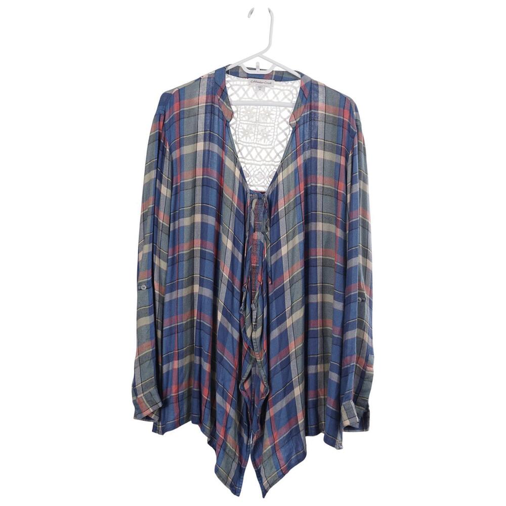 Coldwater Creek Top 1X Plaid Tie Front Roll Tab Sleeve Crochet Back Flannel